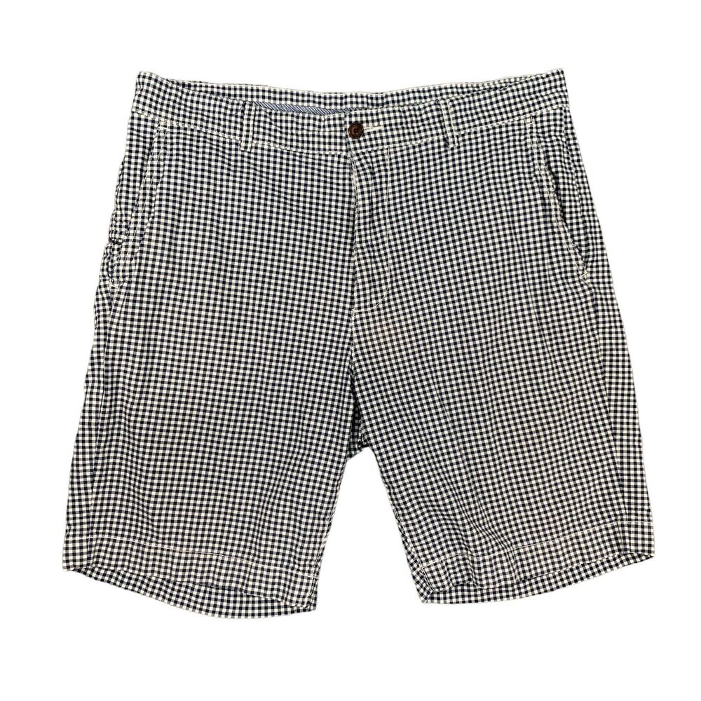Cremieux Chino Shorts Mens 32 Navy Blue Gingham Checkered Cotton Flat Front